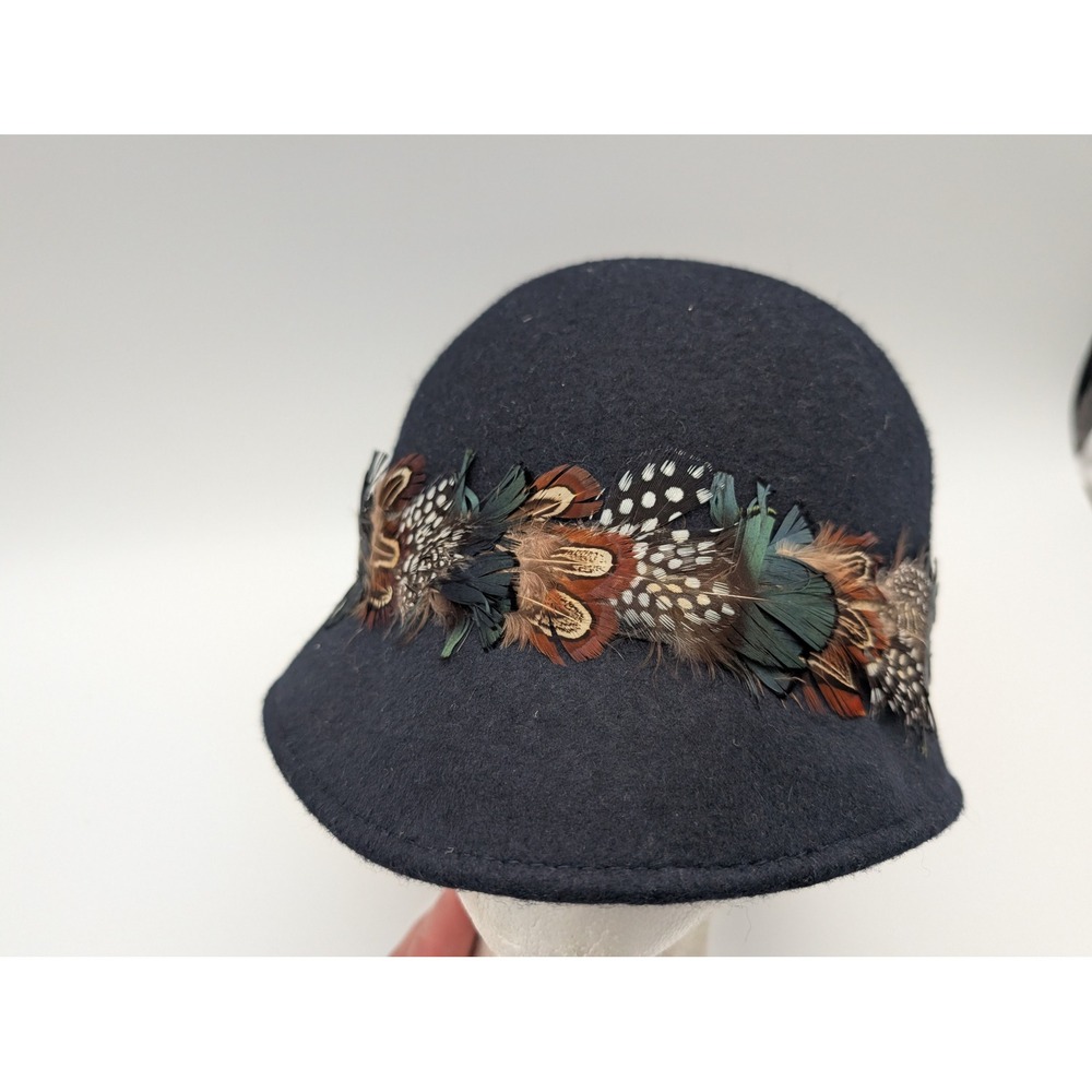 Madison 88 New York City Navy 100% Wool Cloche Hat with Feather Trim Band